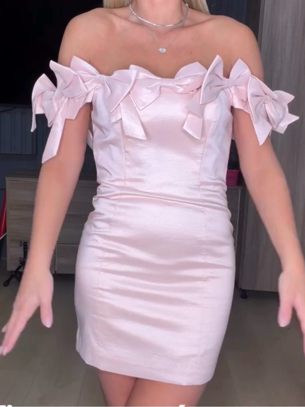 MESHKI Off-Shoulder Bow Detail Satin Mini Dress in Light Pink